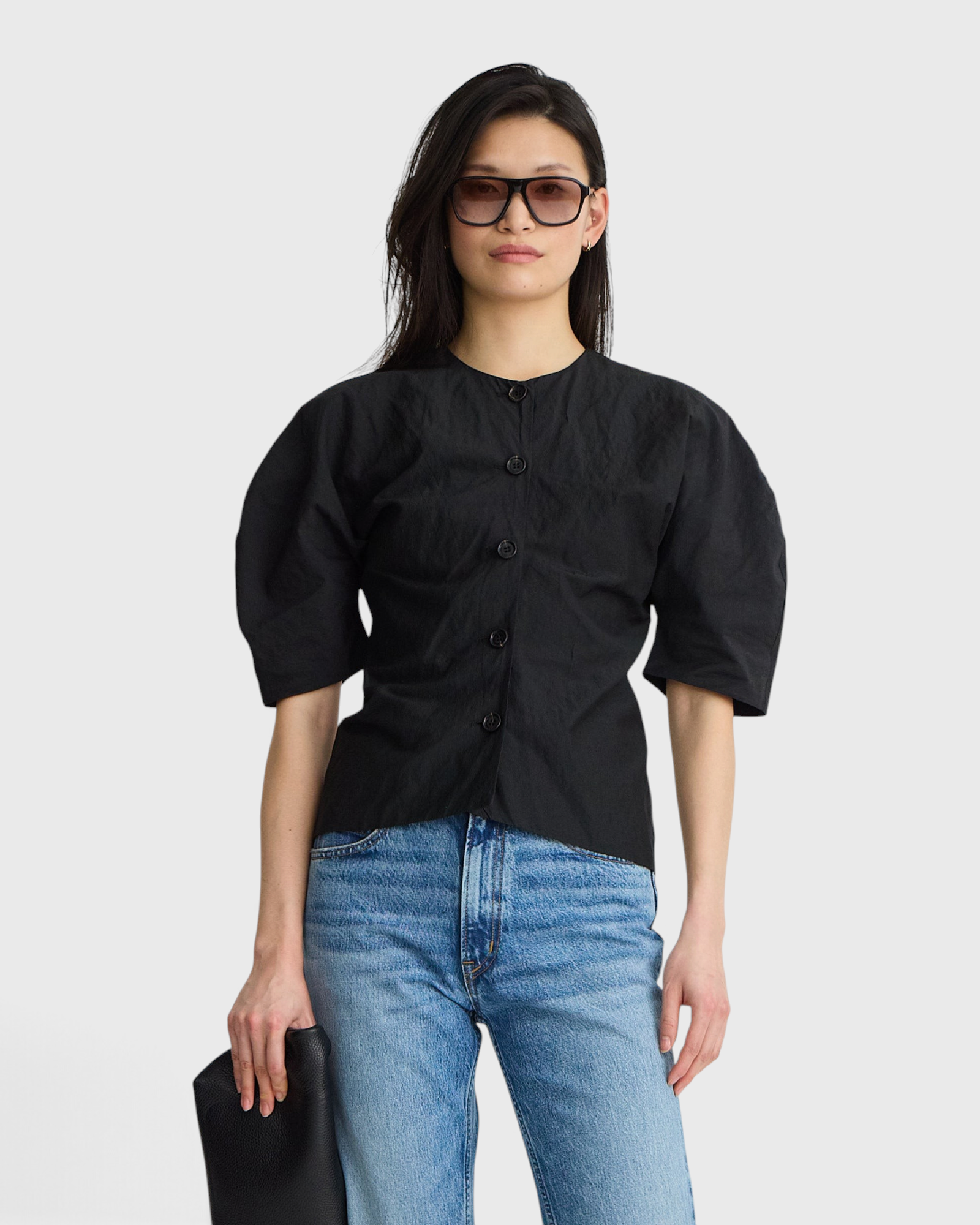 JONES + CO Noor black crew-neck button-front top with short puff sleeves in a cotton-viscose blend