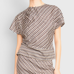 MIRTH Marais Silk Top in Shadowline Plaid — worn, close detail of the drape