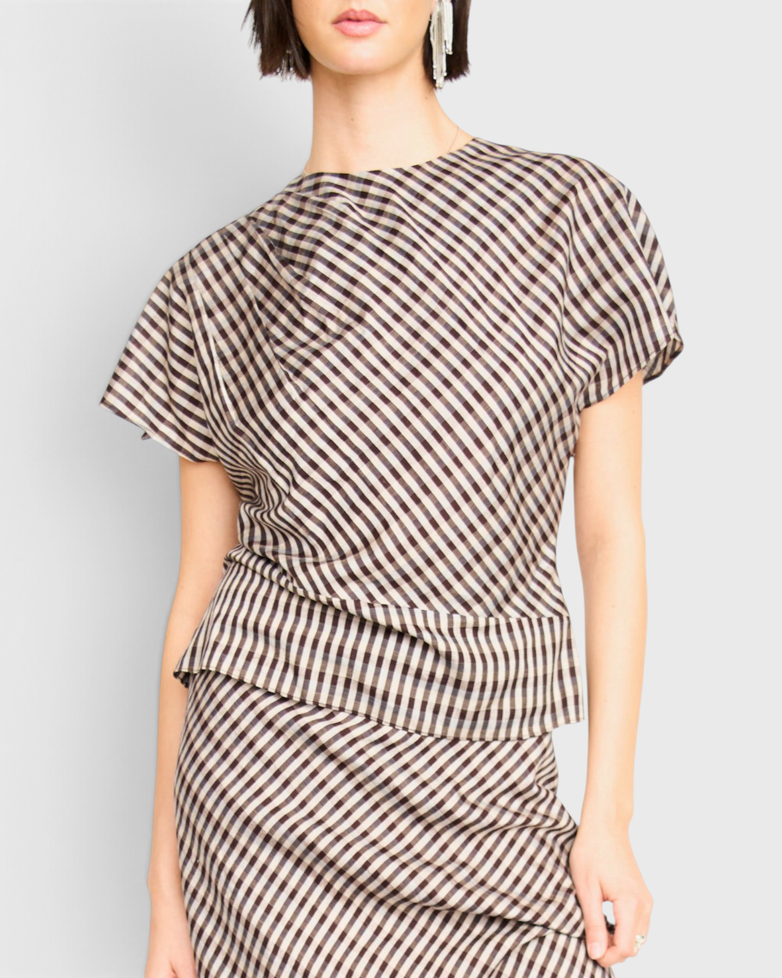 MIRTH Marais Silk Top in Shadowline Plaid — worn, close detail of the drape