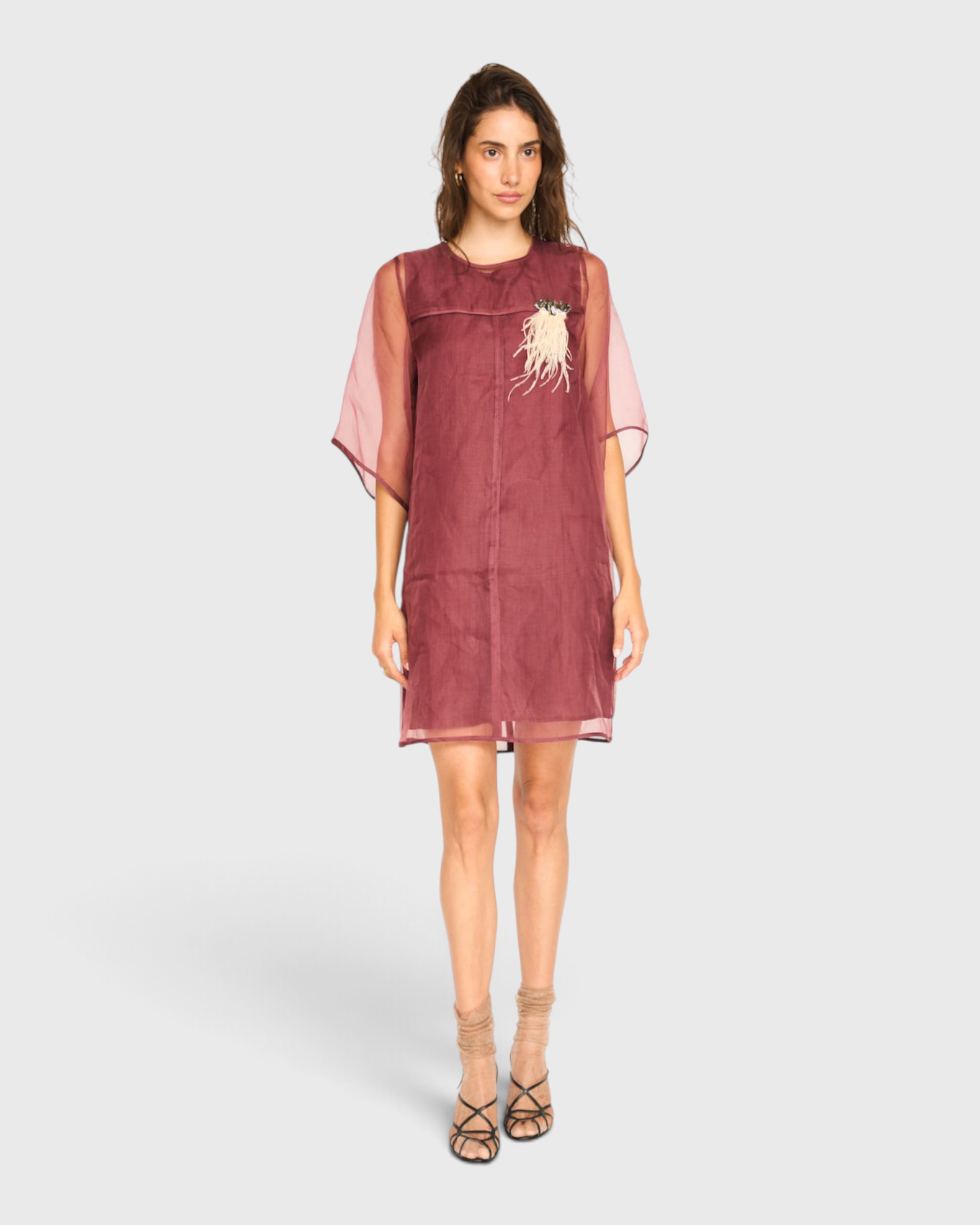 MIRTH Umbria Organza Dress in Dark Cerise — worn front view