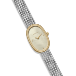 Wristwatch with gold case and silver mesh strap on a white background