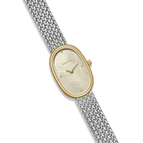 Wristwatch with gold case and silver mesh strap on a white background