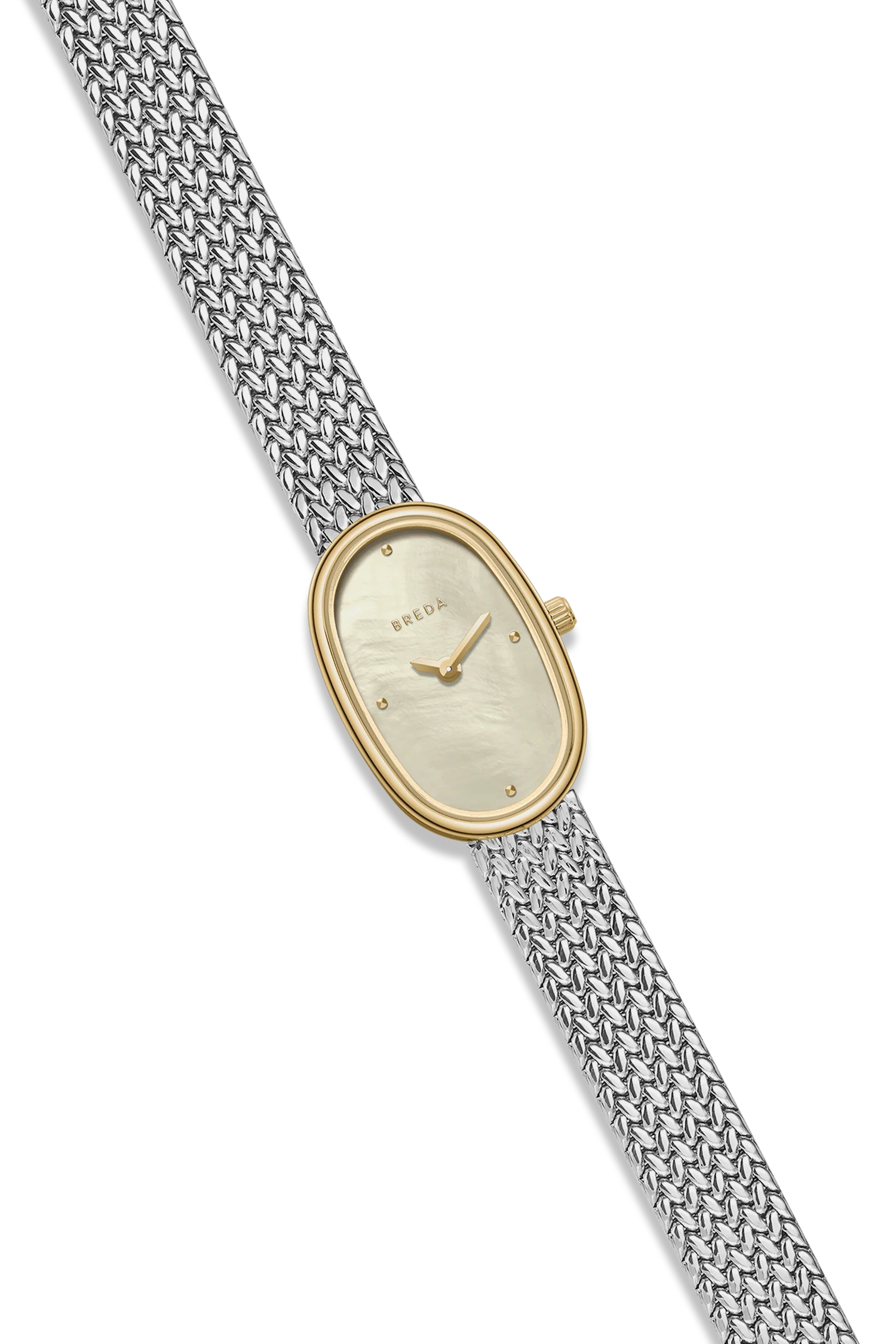 Wristwatch with gold case and silver mesh strap on a white background
