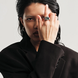 Nocturne Time Ring - Silver and Smoke on model with her finger in the air
