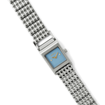 Wristwatch with a blue face and metal strap on a white background