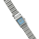 Wristwatch with a blue face and metal strap on a white background