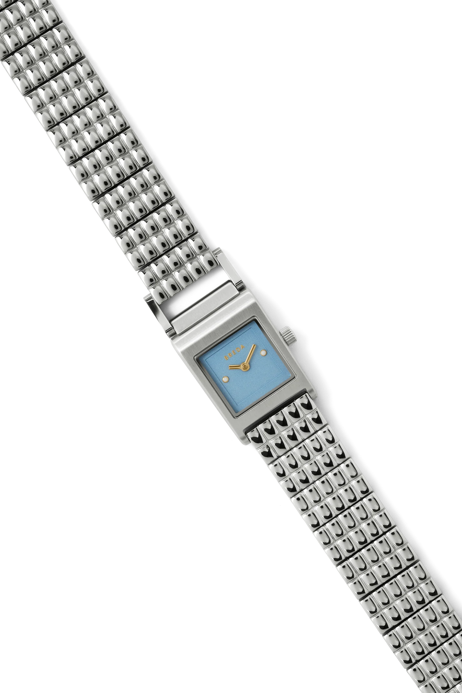 Wristwatch with a blue face and metal strap on a white background