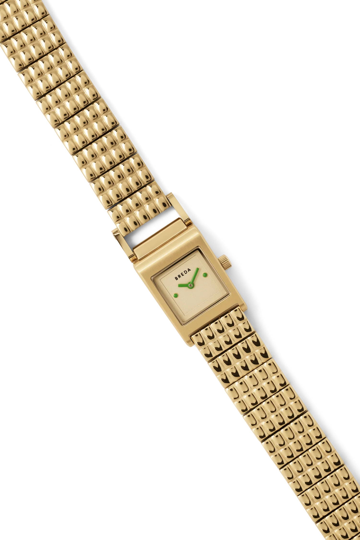 Gold watch with a white face and green hands on a white background