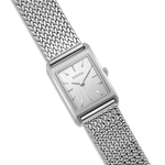 Silver watch with mesh band on a white background