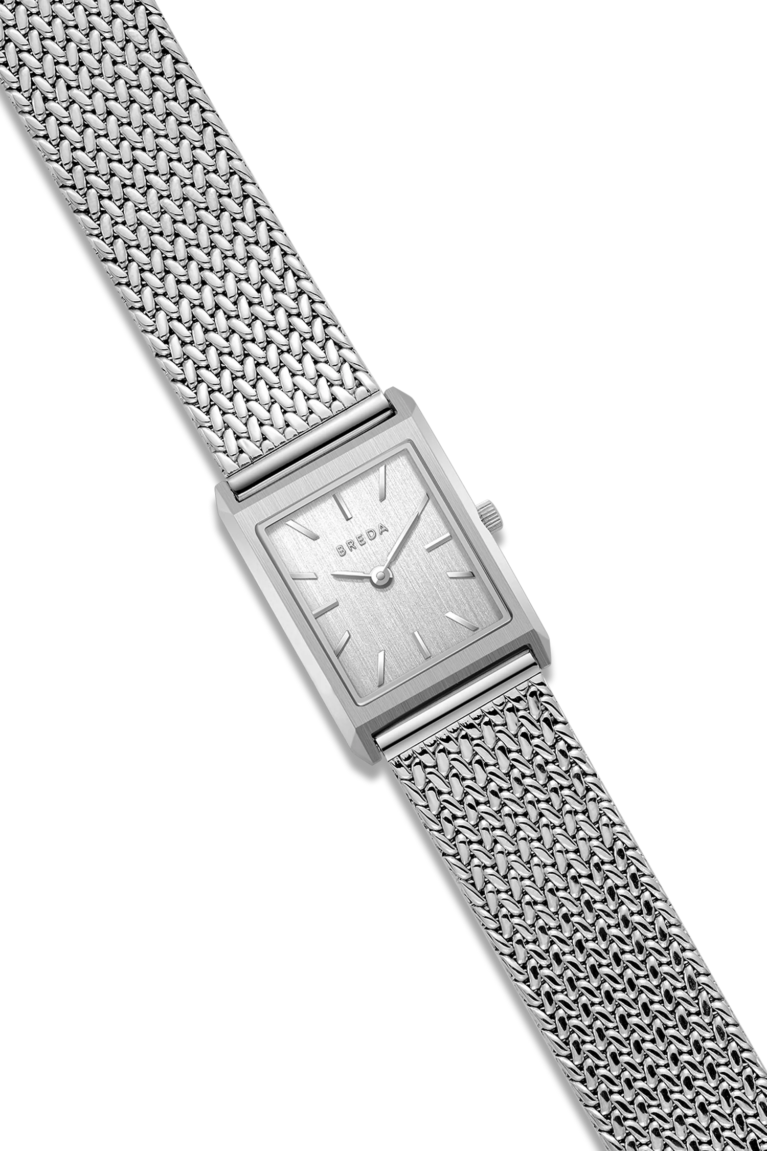 Silver watch with mesh band on a white background