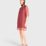 MIRTH Umbria Organza Dress in Dark Cerise — worn, three-quarter view
