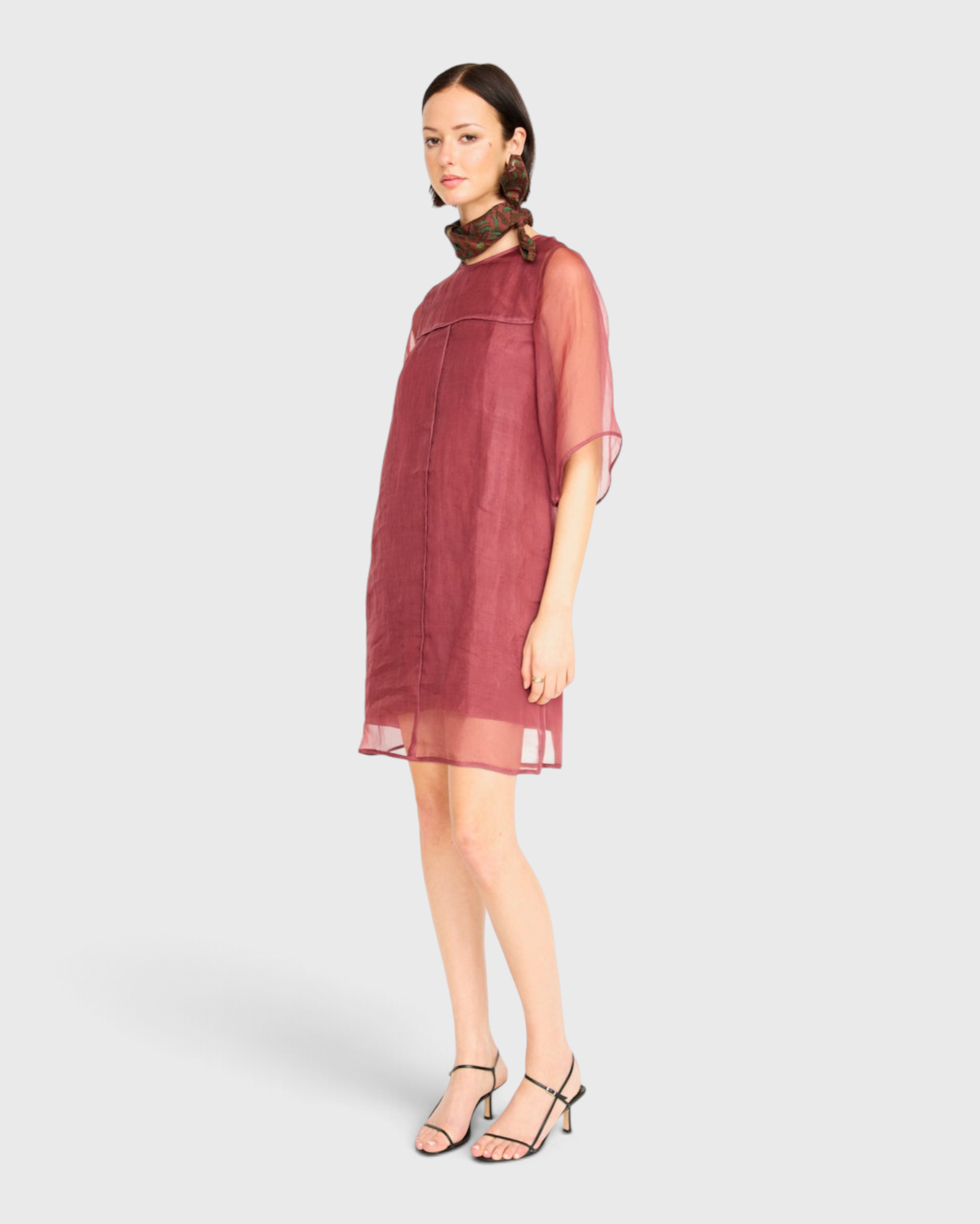 MIRTH Umbria Organza Dress in Dark Cerise — worn, three-quarter view