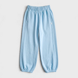 JONES + CO dream blue French terry balloon pants with high elastic waist, side panels, and elastic leg openings.