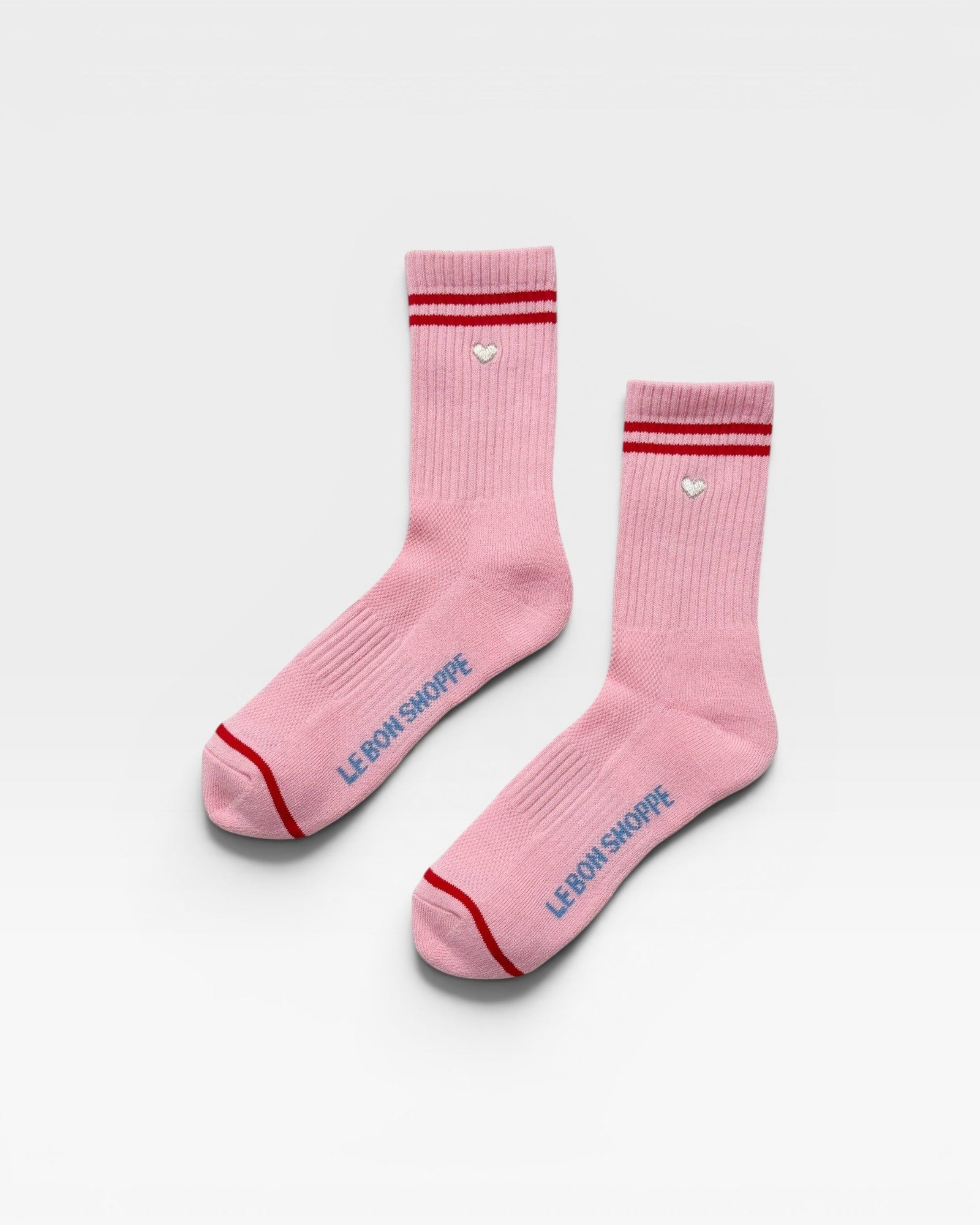 JONES + CO Le Bon Shoppe Embroidered Boyfriend Socks in Amour Pink with an embroidered heart.