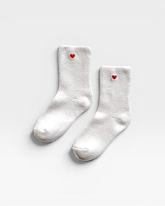 JONES + CO Le Bon Shoppe Embroidered Cloud Socks in white with a red embroidered heart.