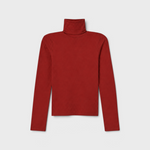 JONES + CO Cindy turtleneck in ruby red made from recycled cotton with a fitted silhouette and long sleeves.