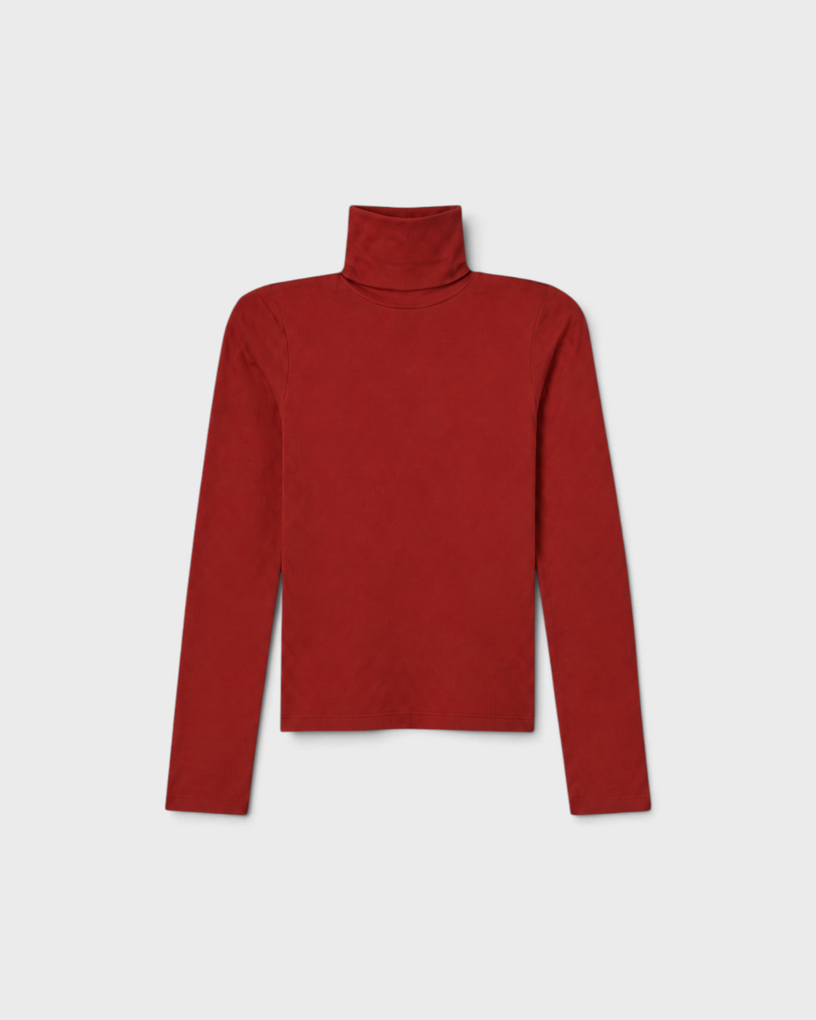 JONES + CO Cindy turtleneck in ruby red made from recycled cotton with a fitted silhouette and long sleeves.