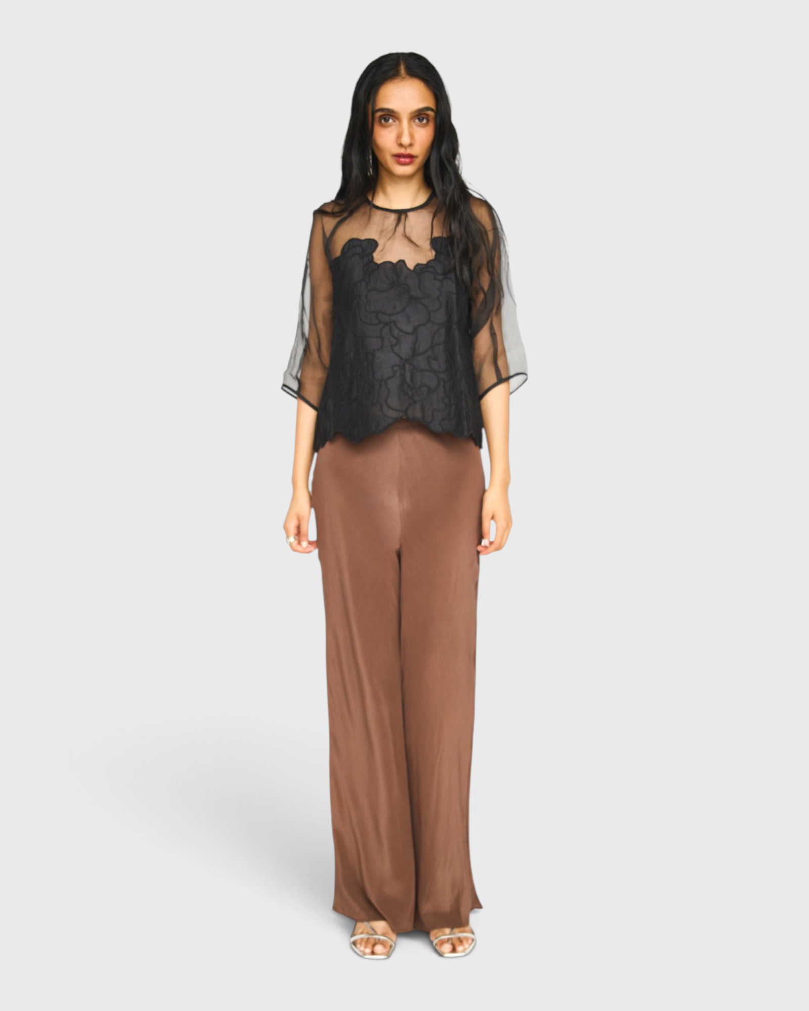 MIRTH Bari Organza Top in Black Waterlily — worn front view over cocoa silk trousers