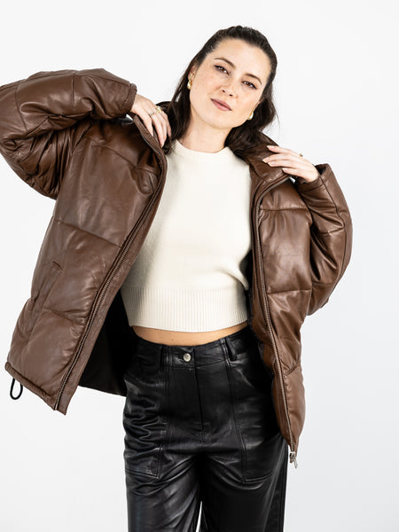 【PALE JADE】24FW Dandy Leather Padded Jacket In Brown 100% Leather Puffer Jacket