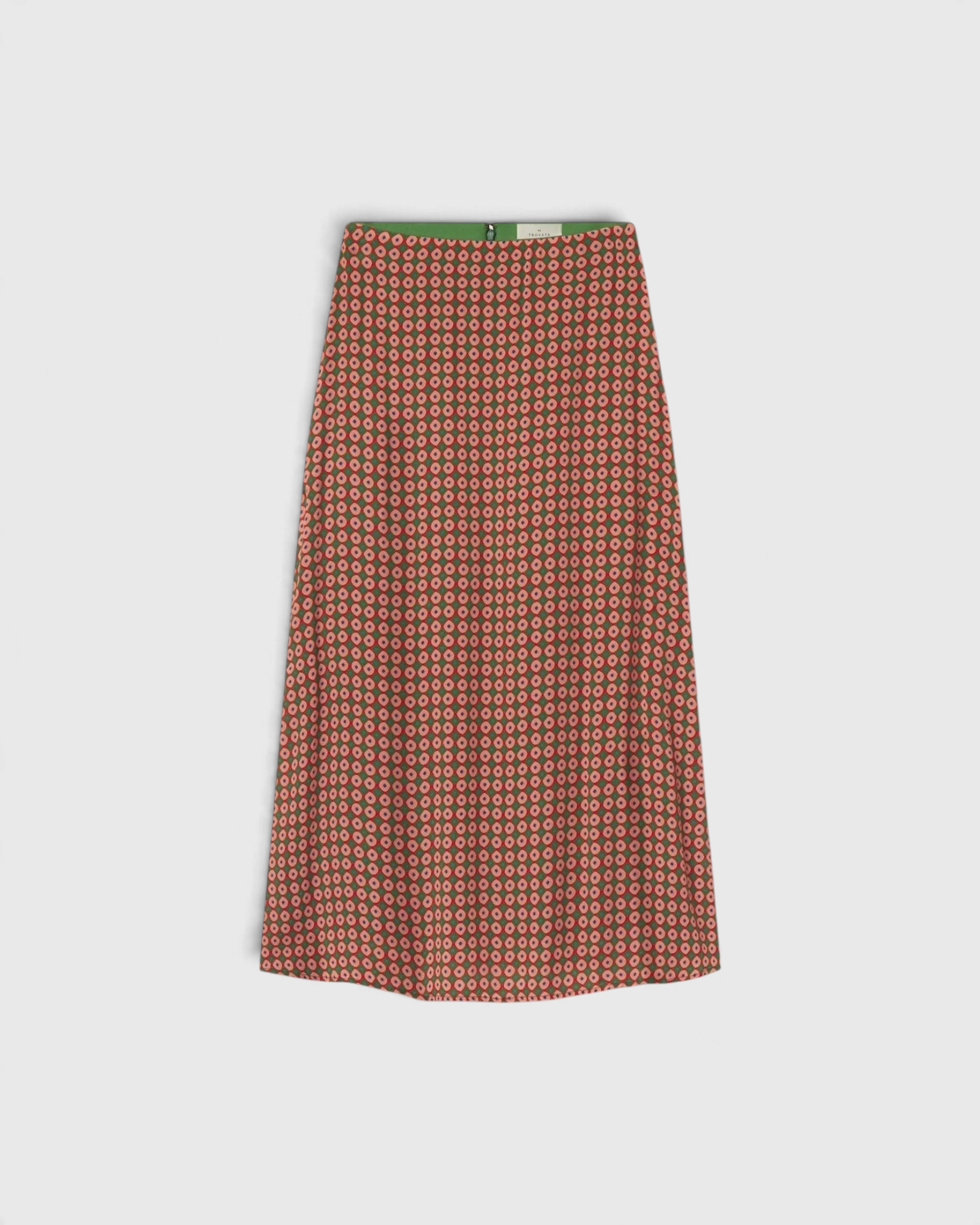 JONES + CO Demi midi skirt in Vintage Parlor geometric print with a bias cut and fluid silhouette.