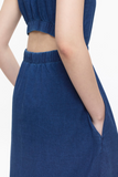 Close up side view of Linen Mix Maxi Dress - Dark Blue