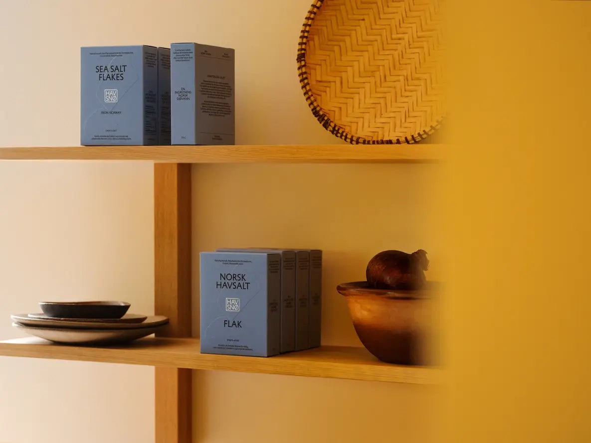 havsno sea salt flakes being displayed on the shelf