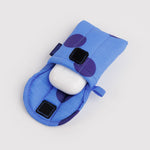 Baggu Puffy Earbuds Case in blue polka dot, keychain loop detail