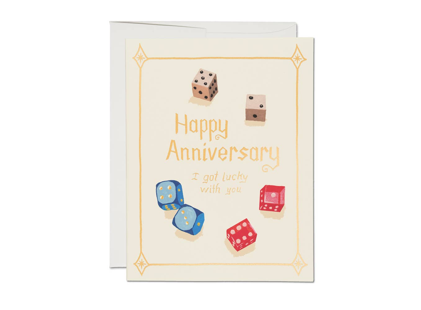 Greeting card with dice illustrations and 'Happy Anniversary' text on a white background
