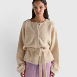 Deiji Studios Pod Knit in Oat — close front view, press-stud neckline and self-tie belt