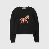 Ciao Lucia Rianne Pullover in black with horse intarsia, flat lay front view