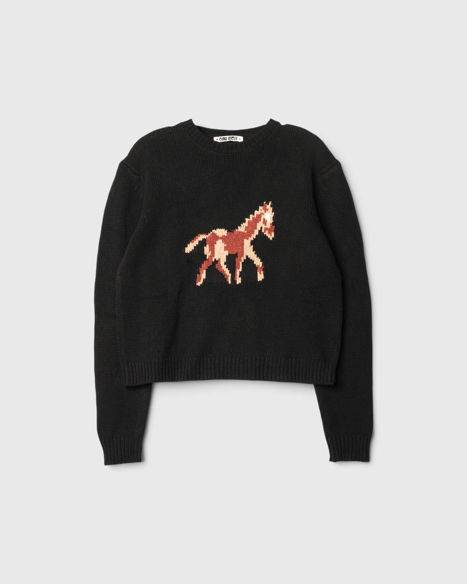 Ciao Lucia Rianne Pullover in black with horse intarsia, flat lay front view