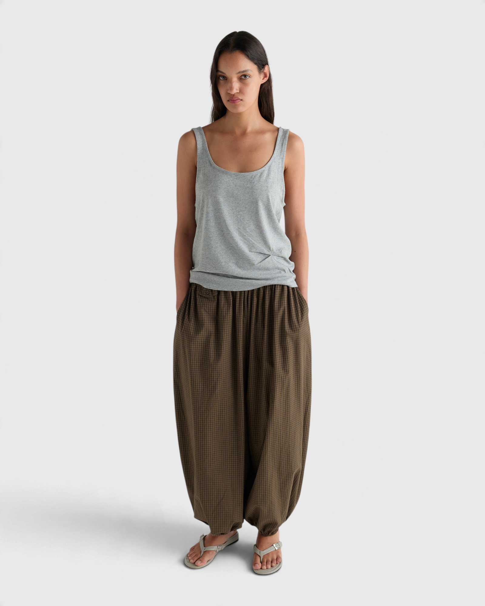 Deiji Studios Balloon Pant in Garden Check — front view, full length