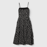 Ciao Lucia Anneli Dress in black polka dot, flat lay front view, spaghetti-strap midi dress