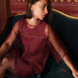 MIRTH Umbria Organza Dress in Dark Cerise, Holiday 2026 campaign image