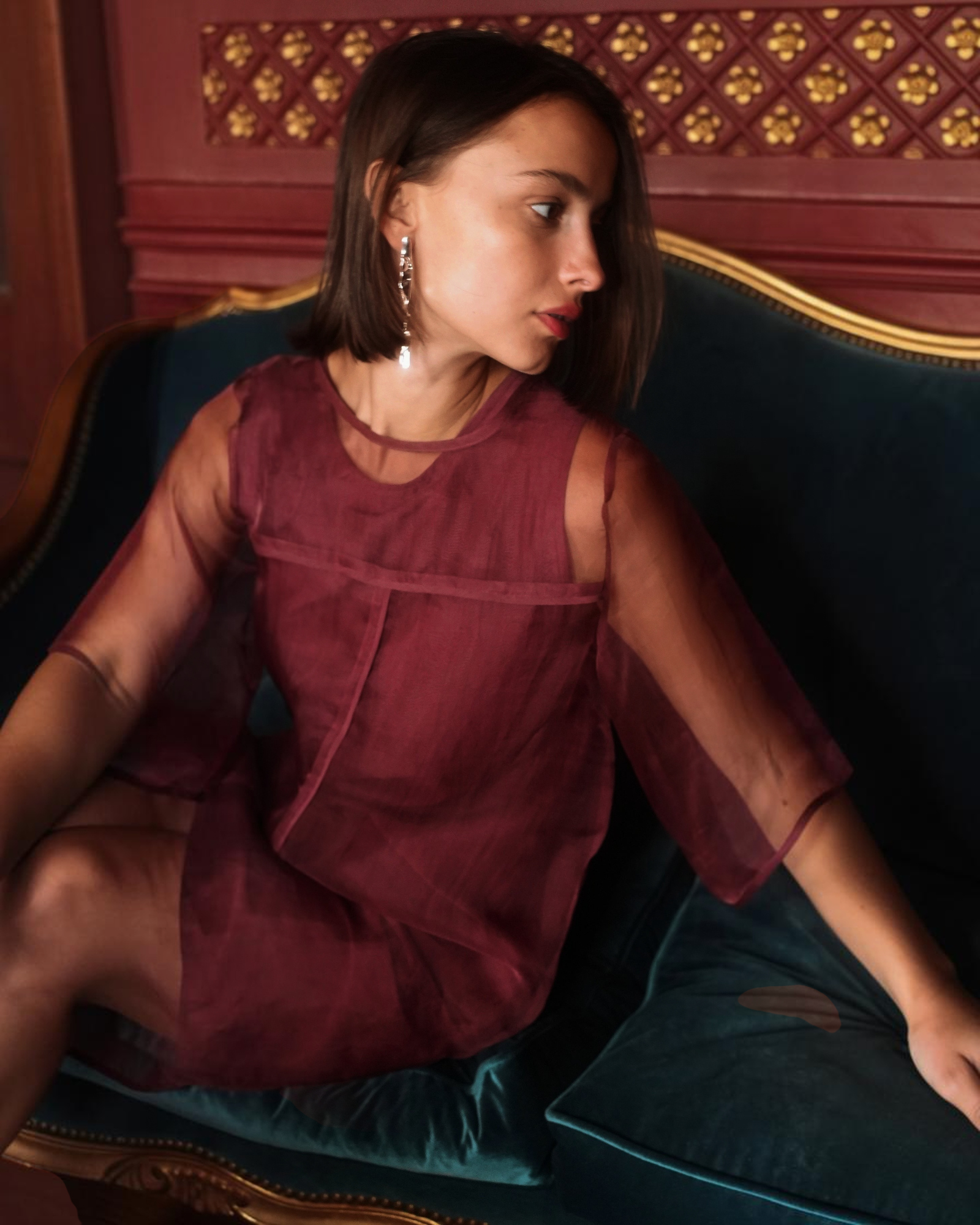 MIRTH Umbria Organza Dress in Dark Cerise, Holiday 2026 campaign image