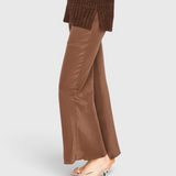 MIRTH Cardiff Silk Pant in Cocoa, close-up of the silk leg and drape