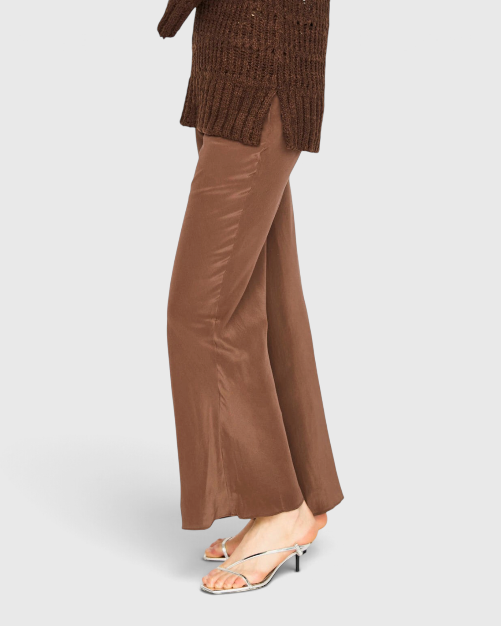 MIRTH Cardiff Silk Pant in Cocoa, close-up of the silk leg and drape