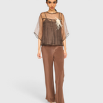 MIRTH Cardiff Silk Pant in Cocoa styled with the Organza Field Top in Cocoa