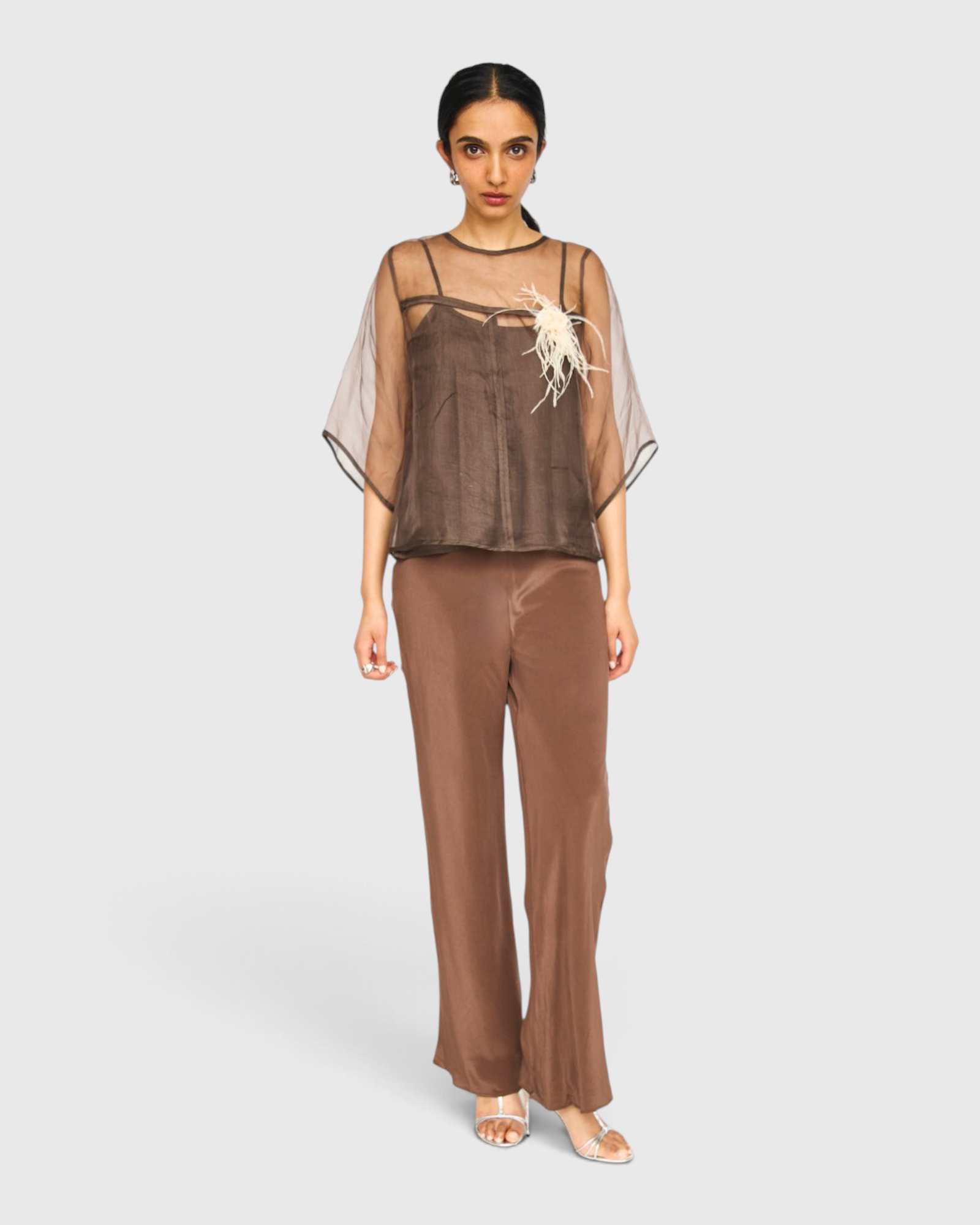MIRTH Cardiff Silk Pant in Cocoa styled with the Organza Field Top in Cocoa