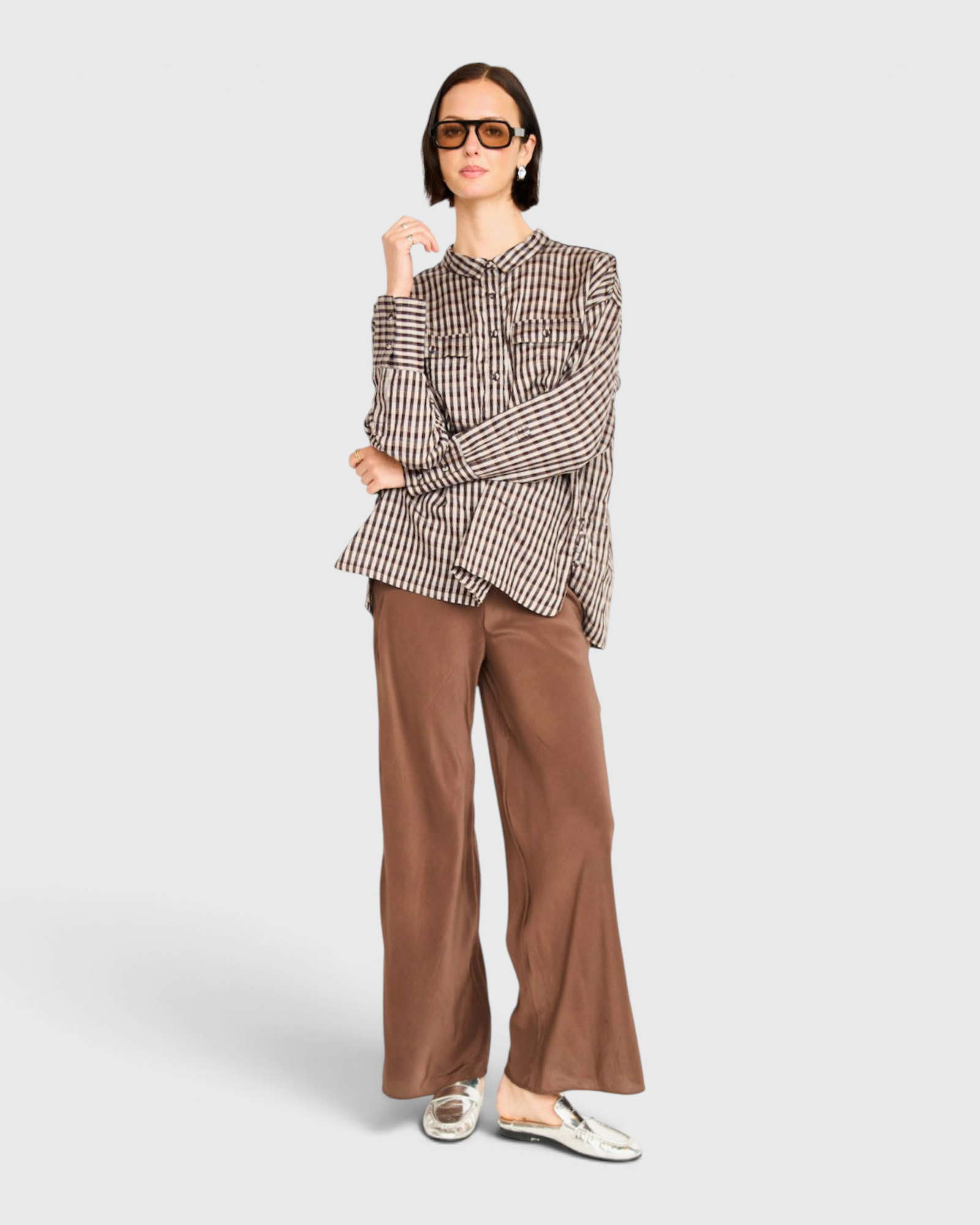 MIRTH Cardiff Silk Pant in Cocoa on model, front view, full length