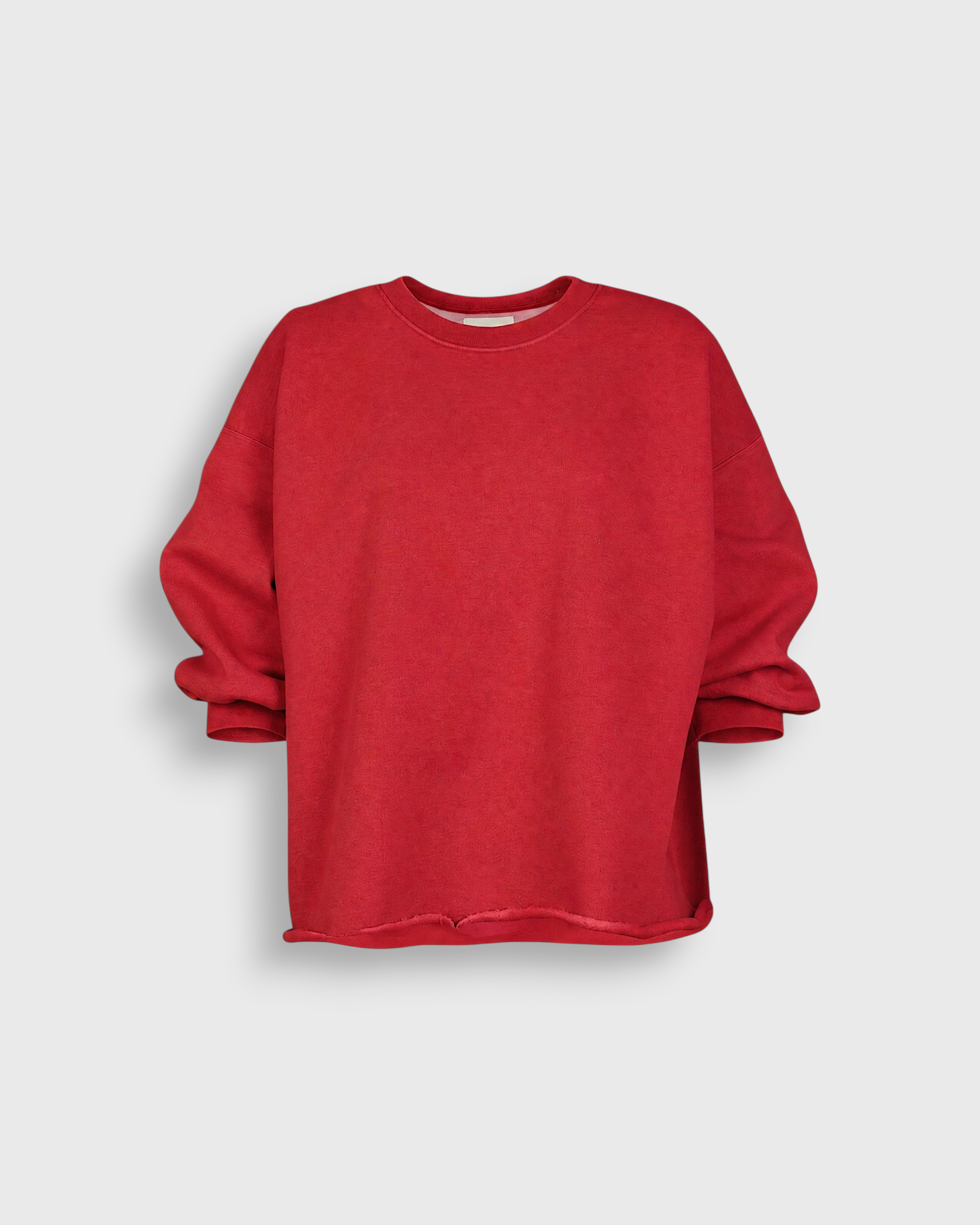 JONES + CO Rachel Comey Fond cherry red crewneck sweatshirt with drop shoulders and raw edge hemline