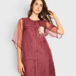 MIRTH Umbria Organza Dress in Dark Cerise — worn, detail of the organza bodice