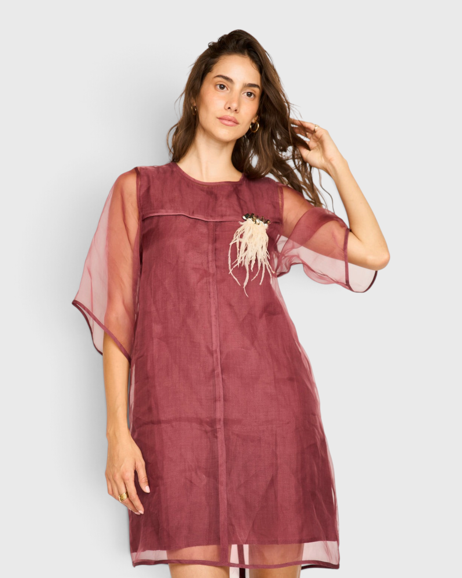 MIRTH Umbria Organza Dress in Dark Cerise — worn, detail of the organza bodice