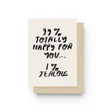 JONES + CO 99% Happy For You greeting card with black hand-lettered text on off-white paper and a kraft envelope.