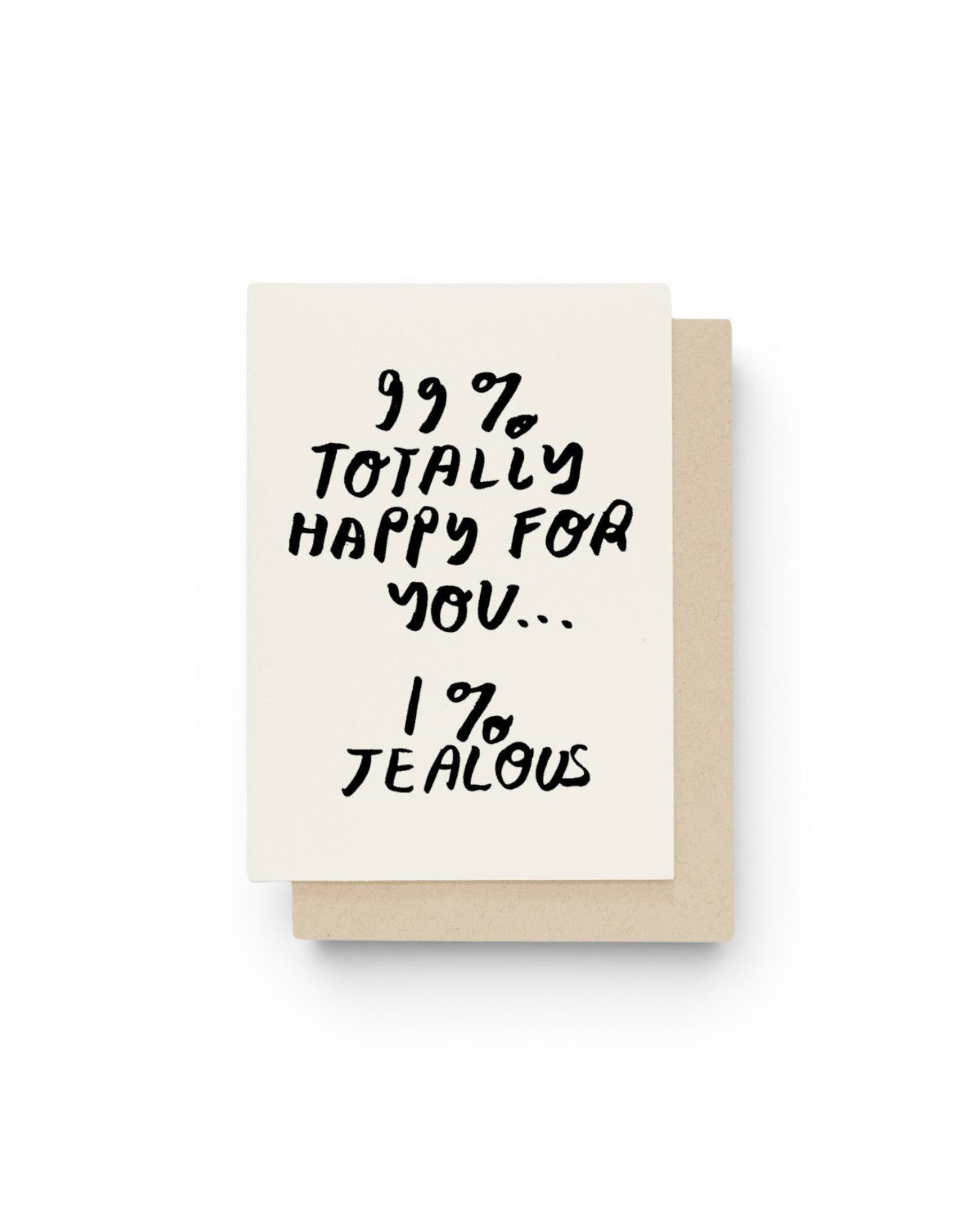 JONES + CO 99% Happy For You greeting card with black hand-lettered text on off-white paper and a kraft envelope.
