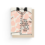 JONES + CO A Little Off greeting card featuring a hand-drawn illustration of a person in a pink floral cardigan.