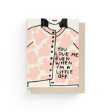 JONES + CO A Little Off greeting card featuring a hand-drawn illustration of a person in a pink floral cardigan.