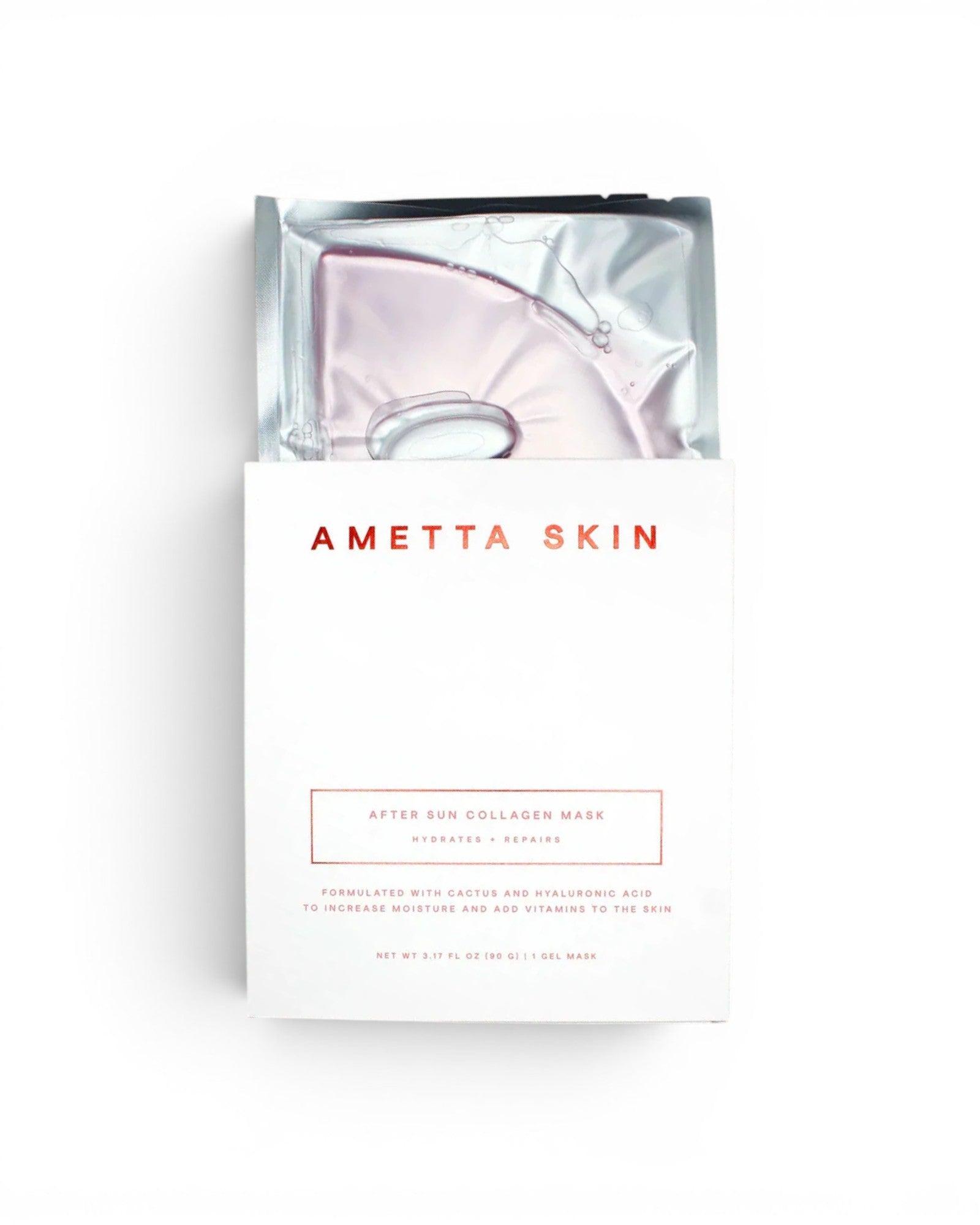 JONES + CO Ametta Skin hydrating collagen gel mask in white packaging to soothe and repair sun-damaged skin.