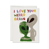 JONES + CO Alien Love Card featuring two aliens and the text I LOVE YOUR WEIRD BRAIN in colorful hand-drawn letters.
