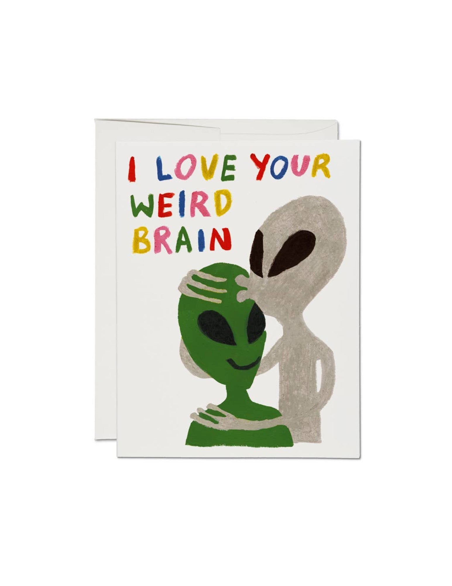 JONES + CO Alien Love Card featuring two aliens and the text I LOVE YOUR WEIRD BRAIN in colorful hand-drawn letters.